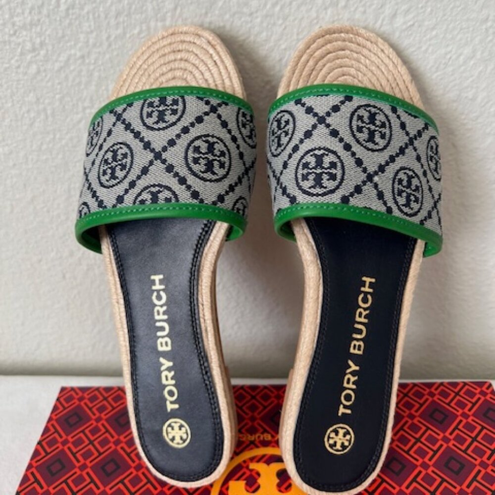 Tory Burch Navy, Beige & Green Logo Slide Sandals